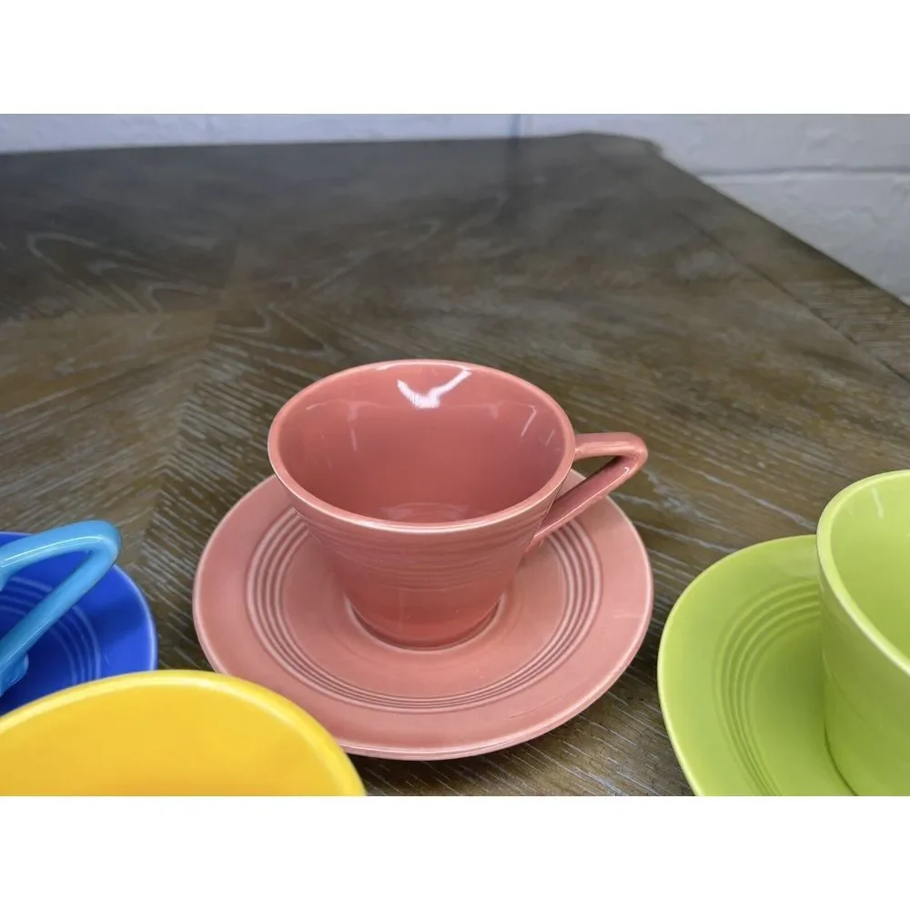 Homer Laughlin China - Harlequin 4 Cups 3‎ Saucers - Chartreuse Yellow Blue Rose